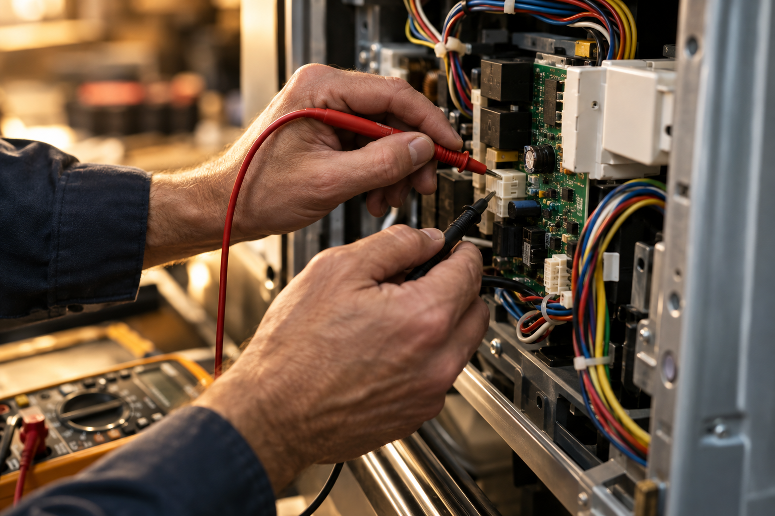 Bentech technician using a multimeter on an appliance control board